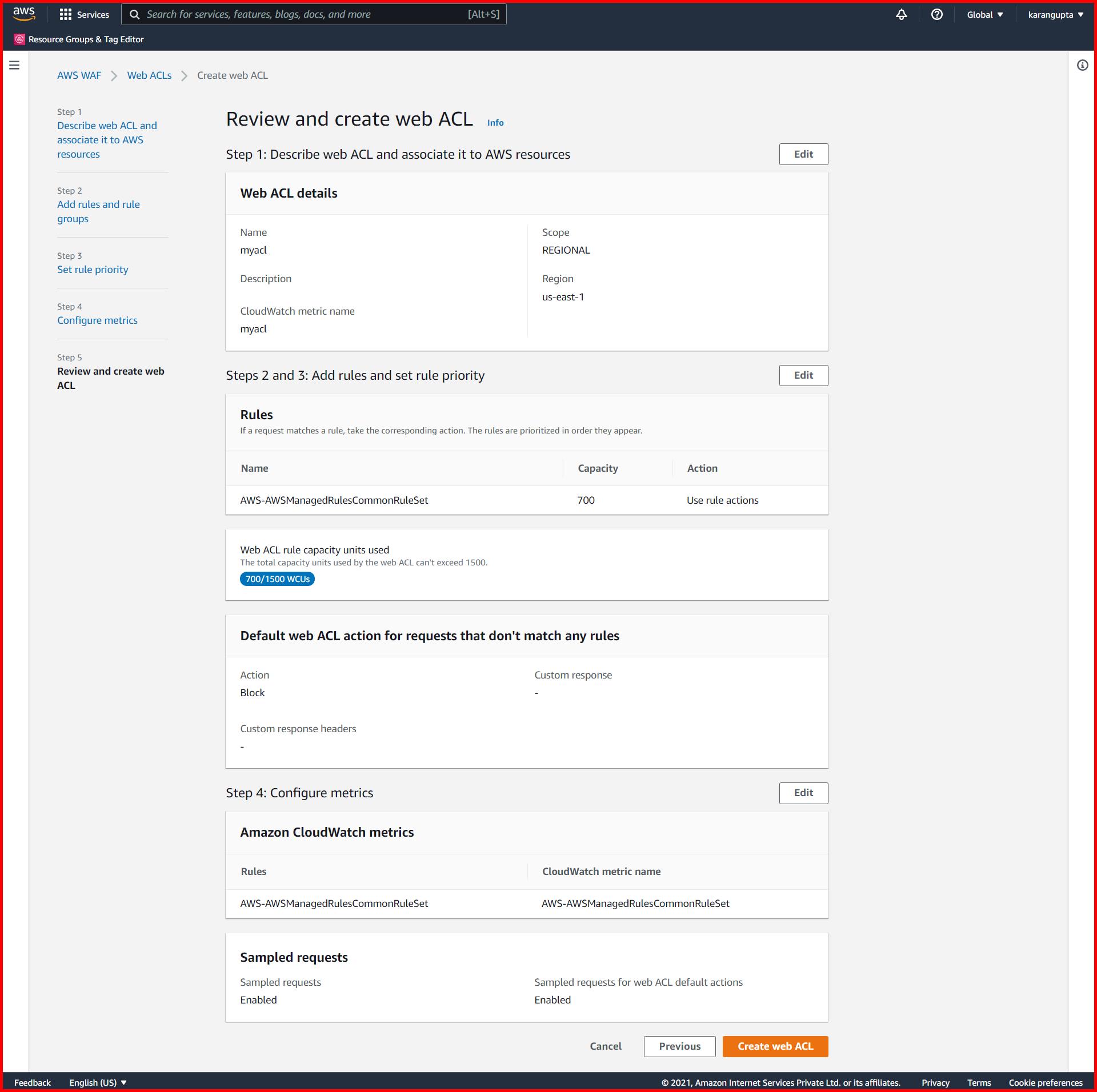 Picture showing the review screen for creating ACL